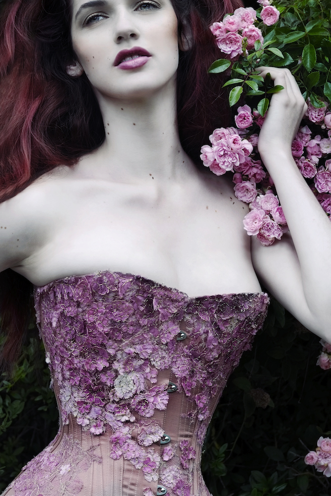 'Falling Blossoms' corset by Sparklewren, modelled by Helen Teiman, photography by Jenni Hampshire