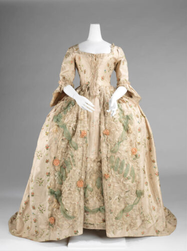 Robe à la Française, 1770–75, France. Brooklyn Museum Costume Collection at The Metropolitan Museum of Art, Gift of the Brooklyn Museum, 2009; Gift of Orme and R. Thornton Wilson in memory of Caroline Schermerhorn Astor Wilson, 1949. Accession Number: 2009.300.690a, b