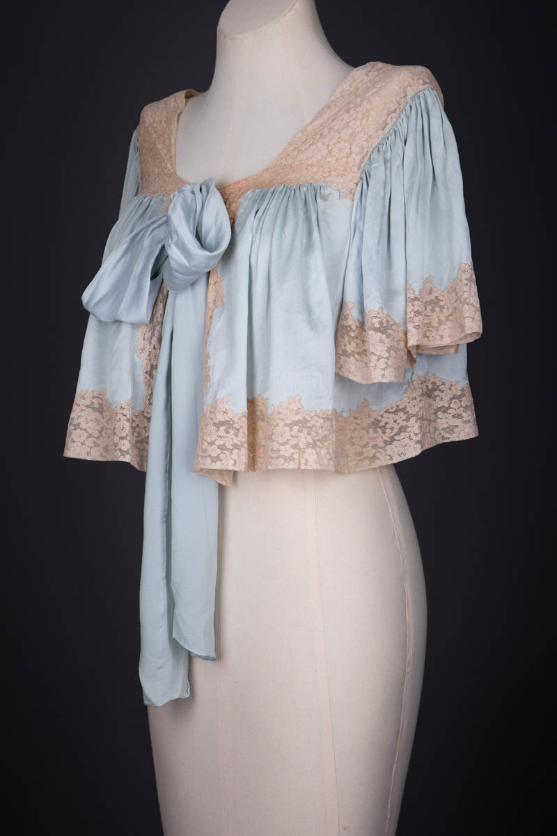 Pale Blue Silk Bed Jacket With Lace Trim & Bow Tie, c. 1930s. The Underpinnings Museum. Photography by Tigz Rice.