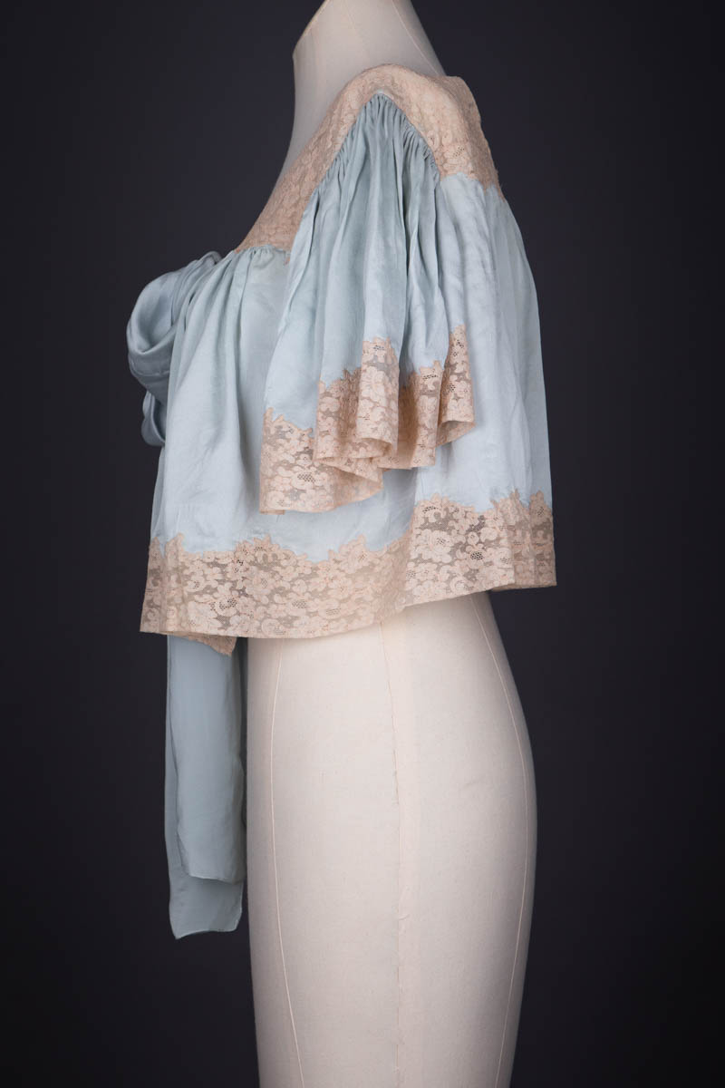 Pale Blue Silk Bed Jacket With Lace Trim & Bow Tie, c. 1930s. The Underpinnings Museum. Photography by Tigz Rice.