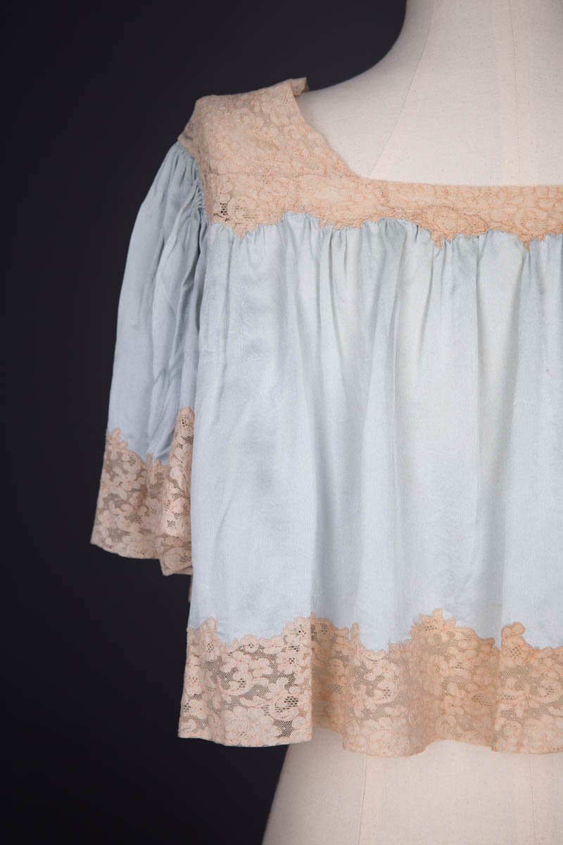 Pale Blue Silk Bed Jacket With Lace Trim & Bow Tie, c. 1930s. The Underpinnings Museum. Photography by Tigz Rice.