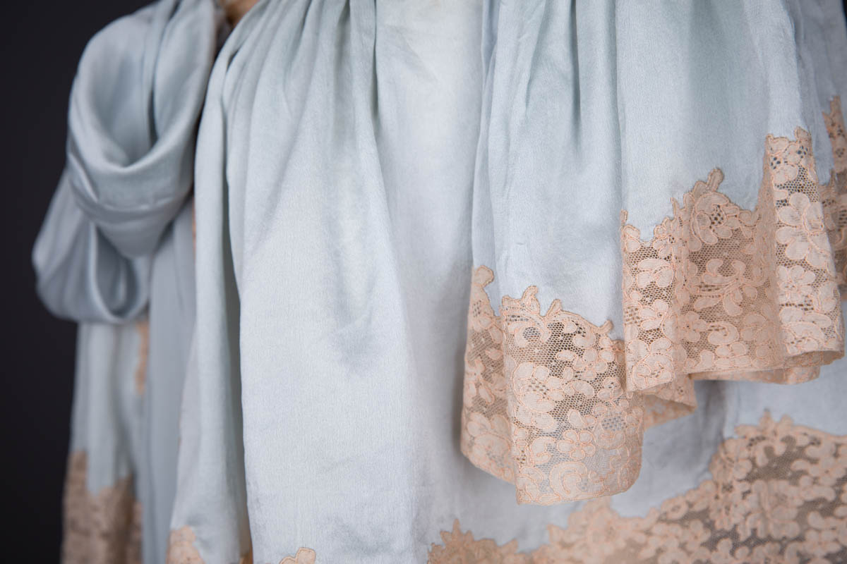 Pale Blue Silk Bed Jacket With Lace Trim & Bow Tie, c. 1930s. The Underpinnings Museum. Photography by Tigz Rice.