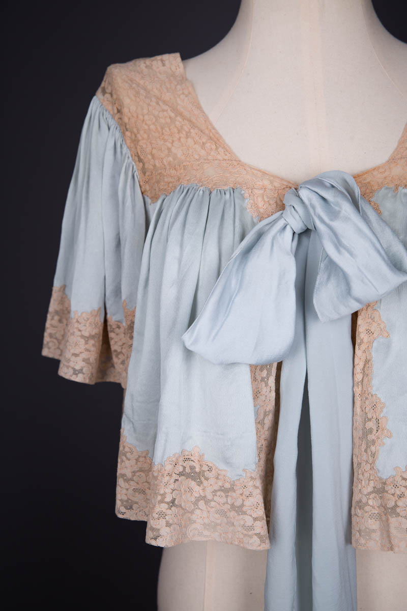 Pale Blue Silk Bed Jacket With Lace Trim & Bow Tie, c. 1930s. The Underpinnings Museum. Photography by Tigz Rice.