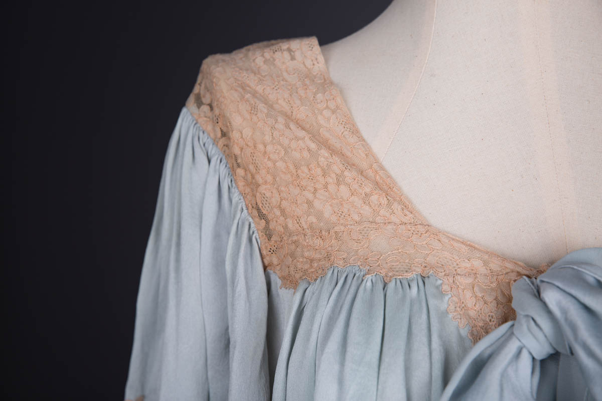 Pale Blue Silk Bed Jacket With Lace Trim & Bow Tie, c. 1930s. The Underpinnings Museum. Photography by Tigz Rice.