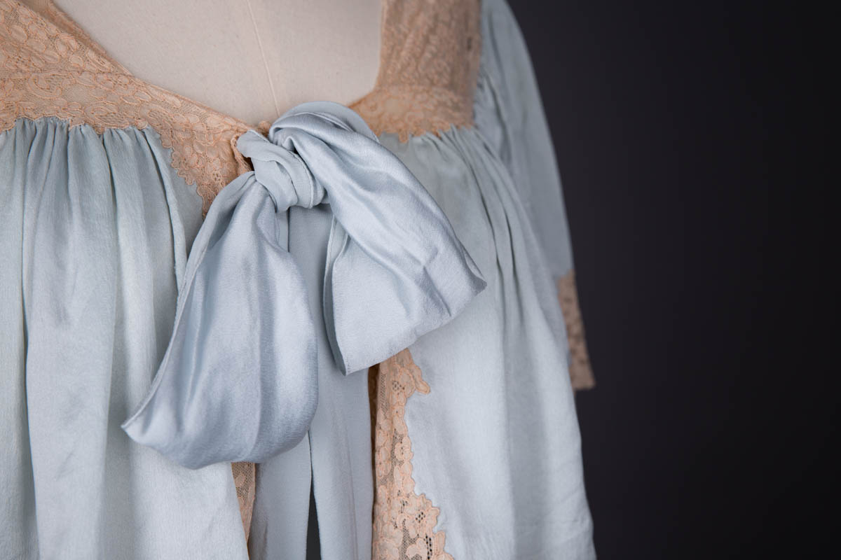 Pale Blue Silk Bed Jacket With Lace Trim & Bow Tie, c. 1930s. The Underpinnings Museum. Photography by Tigz Rice.