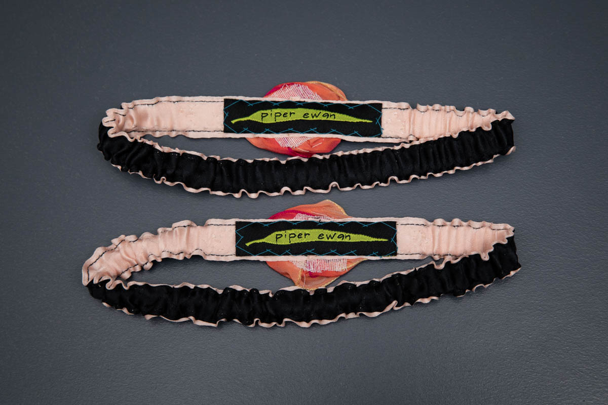 Black Ribbon Garters With Ribbonwork Roses By Piper Ewan, c. late 2010s, USA. The Underpinnings Museum. Photography by Tigz Rice.