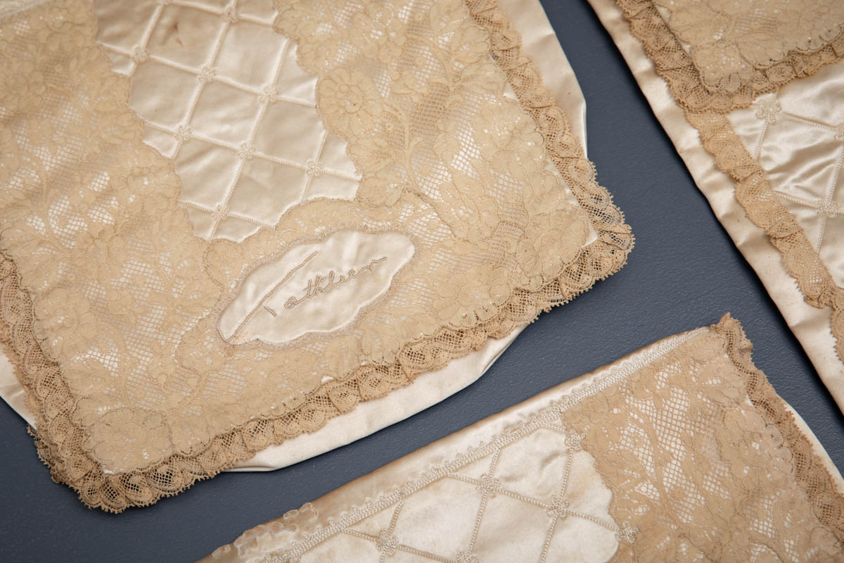 'Kathleen' Embroidered Satin Trousseau Lingerie Case Set By Carlin Comforts For Saks Fifth Avenue, c. 1944, USA. The Underpinnings Museum. Photography by Tigz Rice.
