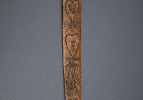 Carved Wooden Sweetheart Busk With Lovebirds, c. late 18th century to early 19th century. The Underpinnings Museum. Photography by Tigz Rice.