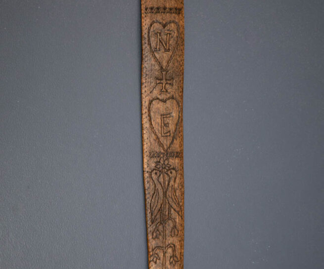 Carved Wooden Sweetheart Busk With Lovebirds, c. late 18th century to early 19th century. The Underpinnings Museum. Photography by Tigz Rice.