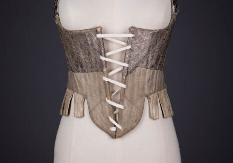 Silk Brocade, Linen & Leather Stays With Alterations & Jet Beading, late 18th c., Germany. The Underpinnings Museum. Photography by Tigz Rice.