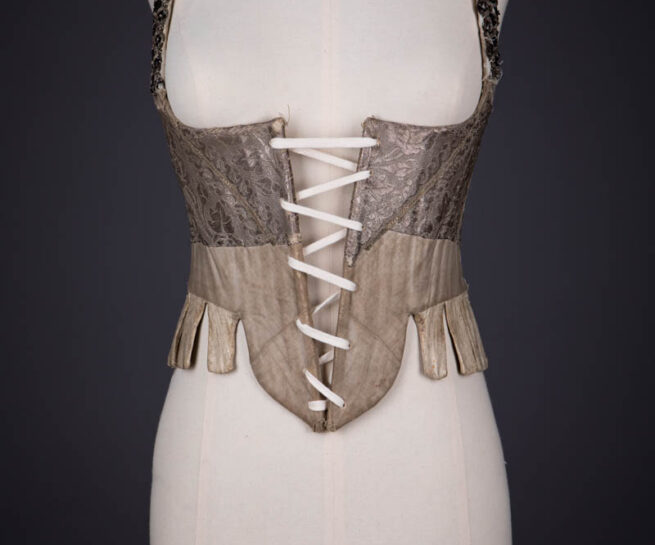 Silk Brocade, Linen & Leather Stays With Alterations & Jet Beading, late 18th c., Germany. The Underpinnings Museum. Photography by Tigz Rice.