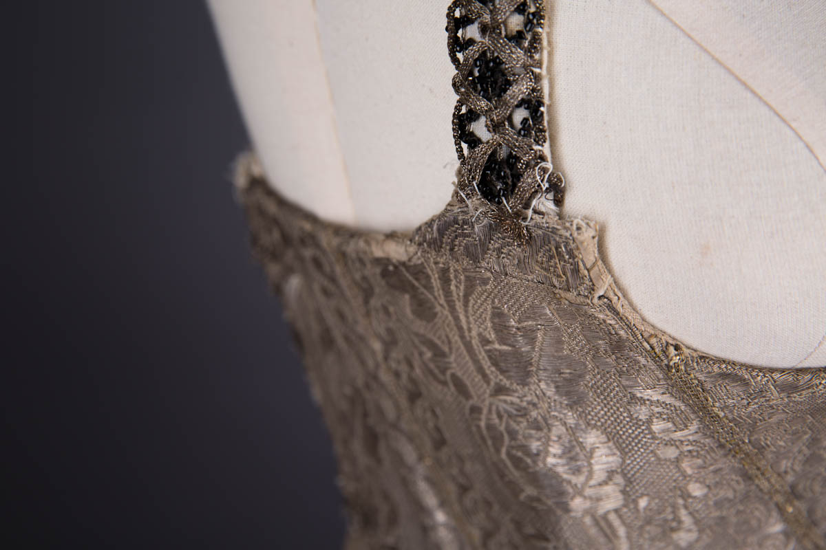 Silk Brocade, Linen & Leather Stays With Alterations & Jet Beading, late 18th c., Germany. The Underpinnings Museum. Photography by Tigz Rice.