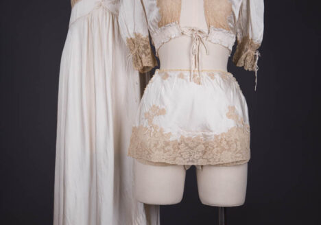 Trousseau Ensemble In Ivory Silk Satin, Ecru Lace Appliqué, Smocking & Satin Stitch Embroidery, c. 1930s, Spain. The Underpinnings Museum. Photography by Tigz Rice.