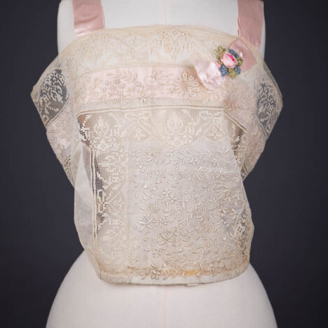 Embroidered Cotton Organdie Corset Cover With Filet Lace Trim, Silk Ribbon & Ribbonwork By Boué Soeurs, 1924, France. The Underpinnings Museum. Photography by Tigz Rice.