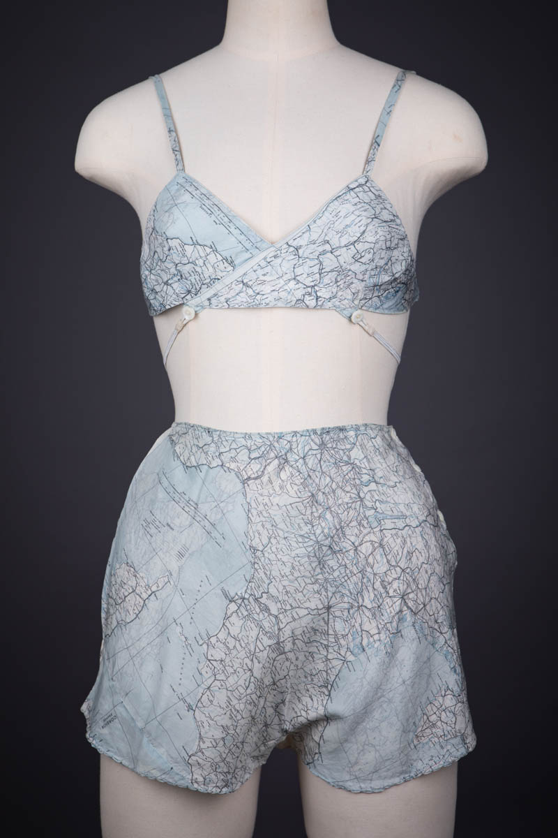 Escape Map Silk Lingerie Set, Created For Countess Mountbatten, c. 1940s, Great Britain. The Underpinnings Museum. Photography by Tigz Rice.