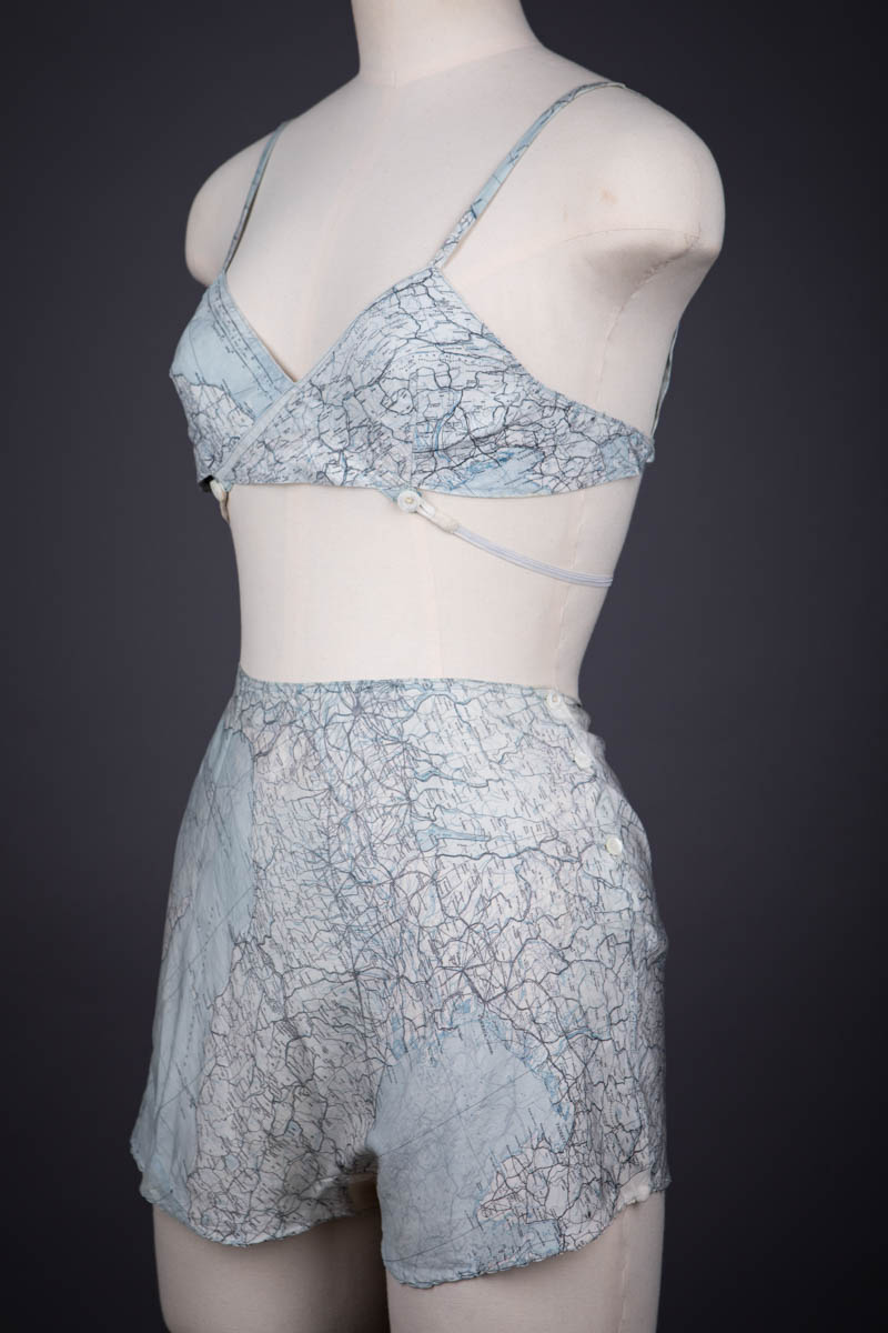 Escape Map Silk Lingerie Set, Created For Countess Mountbatten, c. 1940s, Great Britain. The Underpinnings Museum. Photography by Tigz Rice.