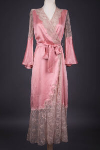 Rayon Satin Robe With Embroidered Tulle Appliqué Trim & Bell Sleeves, c. 1940s, USA. The Underpinnings Museum. Photography by Tigz Rice.