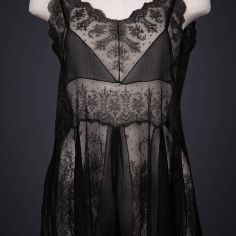 Black Silk Georgette & Silk Lace Trim Step In Teddy, c. 1920s. The Underpinnings Museum. Photography by Tigz Rice.