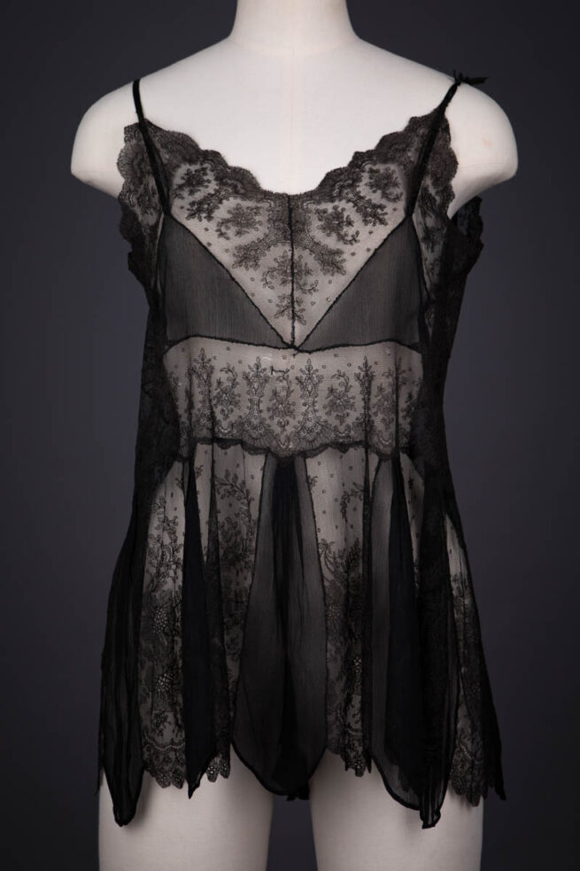 Black Silk Georgette & Silk Lace Trim Step In Teddy, c. 1920s. The Underpinnings Museum. Photography by Tigz Rice.