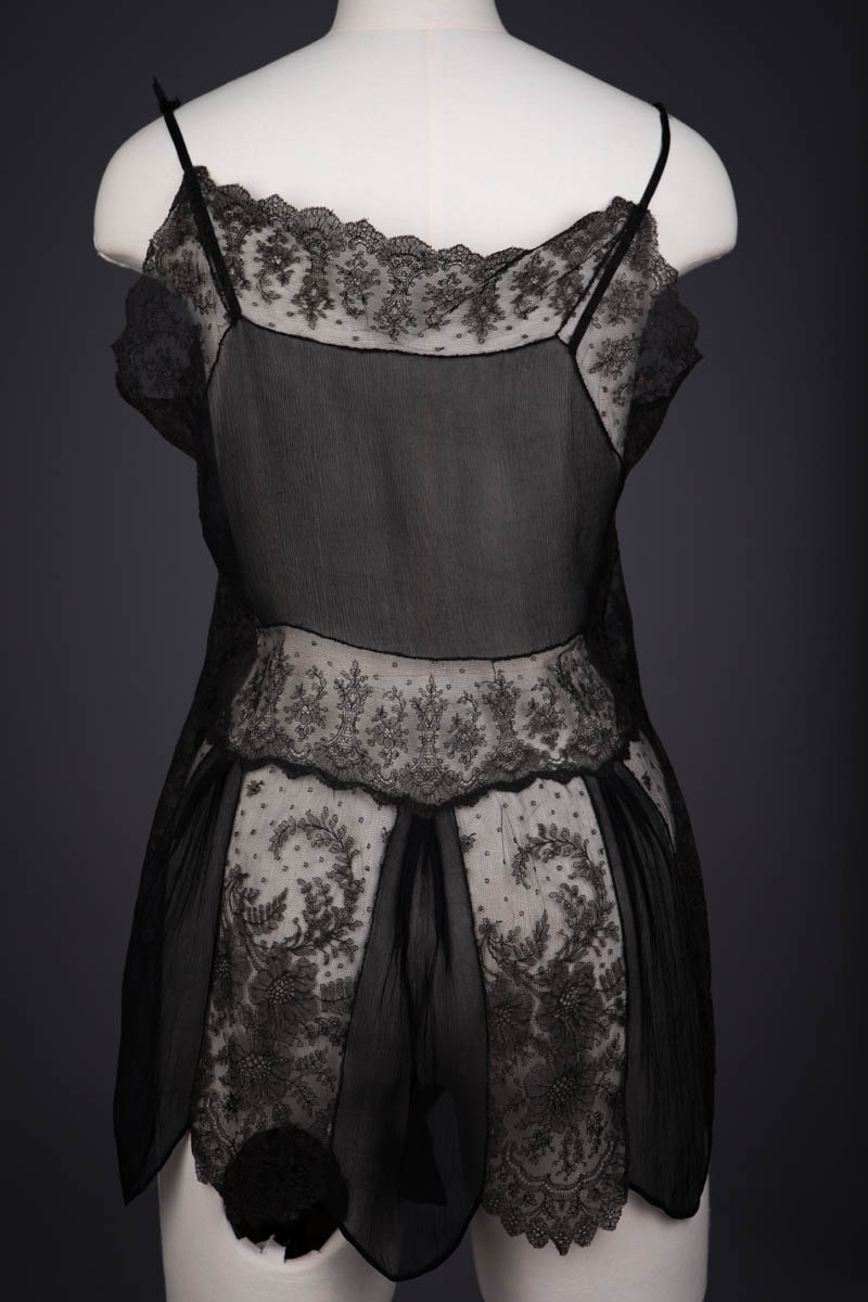 Black Silk Georgette & Silk Lace Trim Step In Teddy, c. 1920s. The Underpinnings Museum. Photography by Tigz Rice.