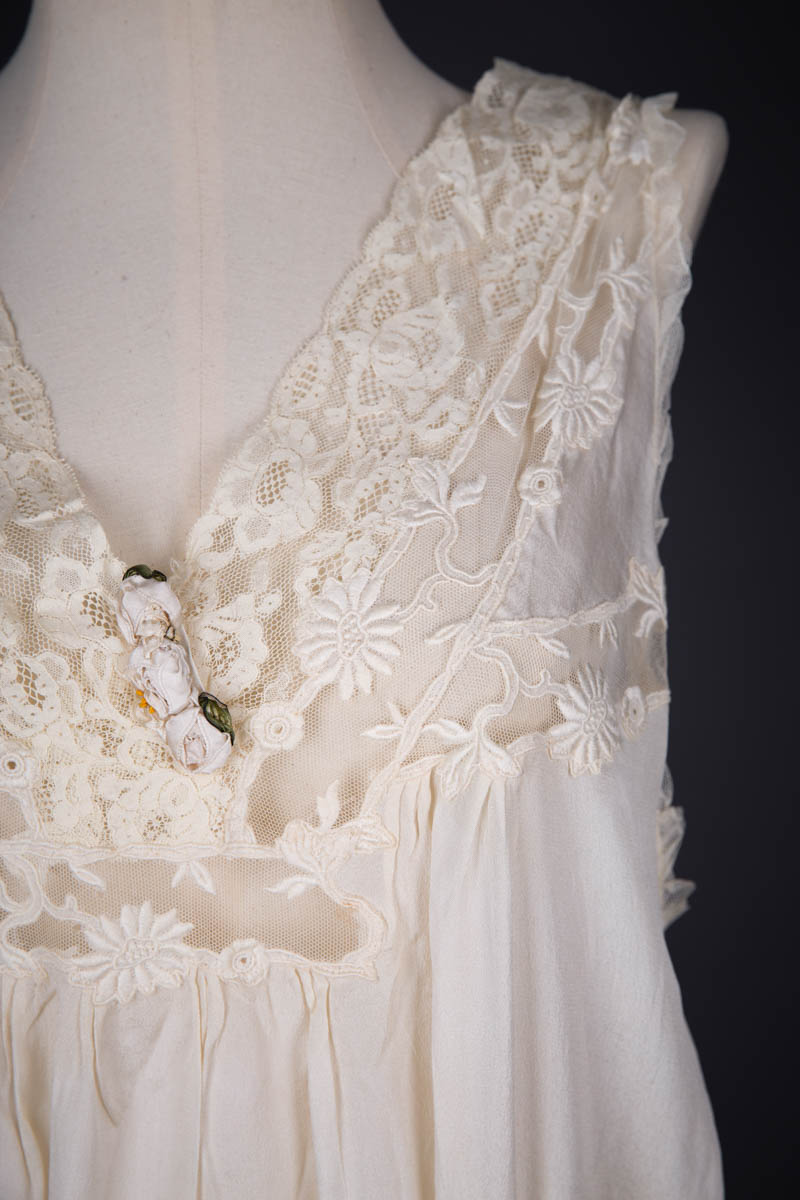 Cream Silk Georgette Trousseau Set With Embroidery, Insertion Lace & Ribbonwork, c. 1920s, USA. The Underpinnings Museum. Photography by Tigz Rice.