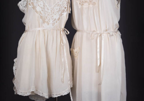 Cream Silk Georgette Trousseau Set With Embroidery, Insertion Lace & Ribbonwork, c. 1920s, USA. The Underpinnings Museum. Photography by Tigz Rice.