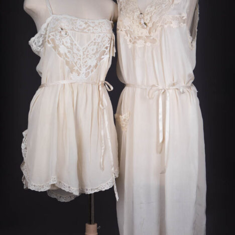 Cream Silk Georgette Trousseau Set With Embroidery, Insertion Lace & Ribbonwork, c. 1920s, USA. The Underpinnings Museum. Photography by Tigz Rice.