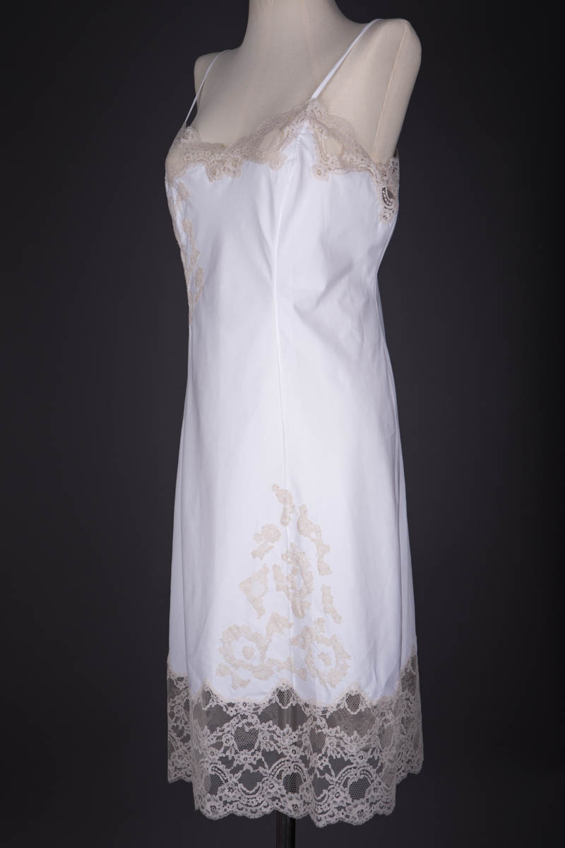 White Nylon & Ecru Lace Appliqué Slip By Alice Cadolle, c. 1950s, France. The Underpinnings Museum. Photography by Tigz Rice.