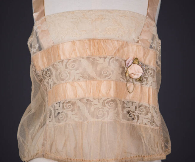 Cotton Tulle, Filet Lace, Silk Ribbon & Ribbonwork Corset Cover By Chamberlin-Johnson-DuBose Co., c. 1920s, USA. The Underpinnings Museum. Photography by Tigz Rice.