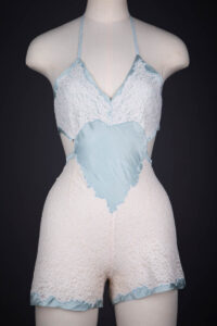 Cutaway Blue Silk & White Lace Bridal Trousseau Teddy, c. 1940s, Great Britain. The Underpinnings Museum. Photography by Tigz Rice.