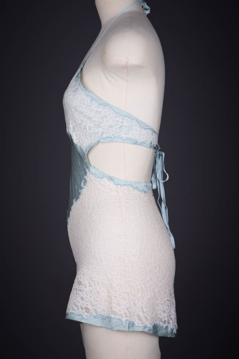 Cutaway Blue Silk & White Lace Bridal Trousseau Teddy, c. 1940s, Great Britain. The Underpinnings Museum. Photography by Tigz Rice.