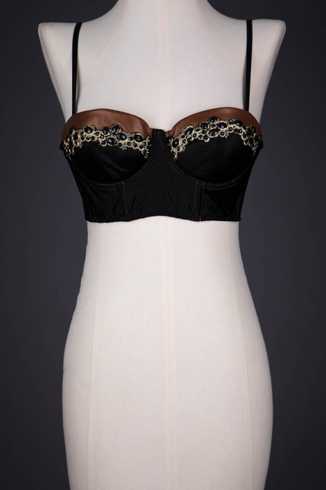 'Bijou' Faux Leather & Jewel Trim Longline Bra By eLai London, 2013, UK. The Underpinnings Museum. Photography by Tigz Rice.