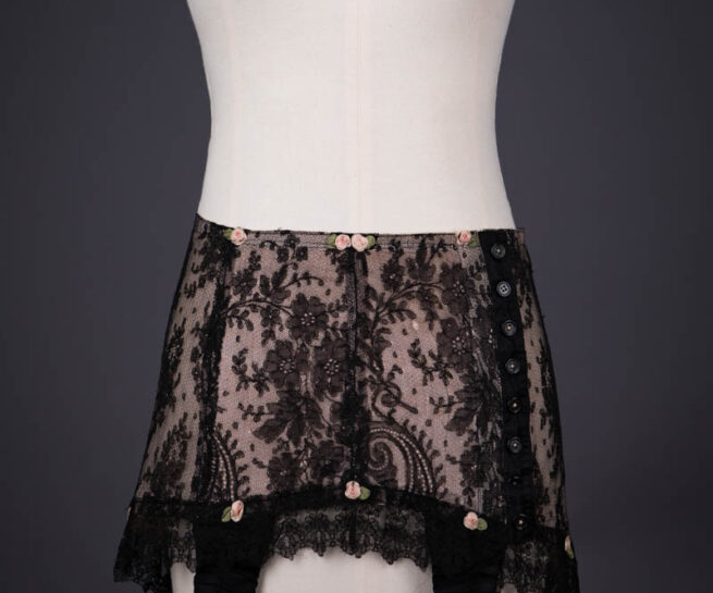 Black Chantilly Lace, Beige Bobbinet Tulle & Ribbonwork Girdle, c. 1920s, France. The Underpinnings Museum. Photography by Tigz Rice.