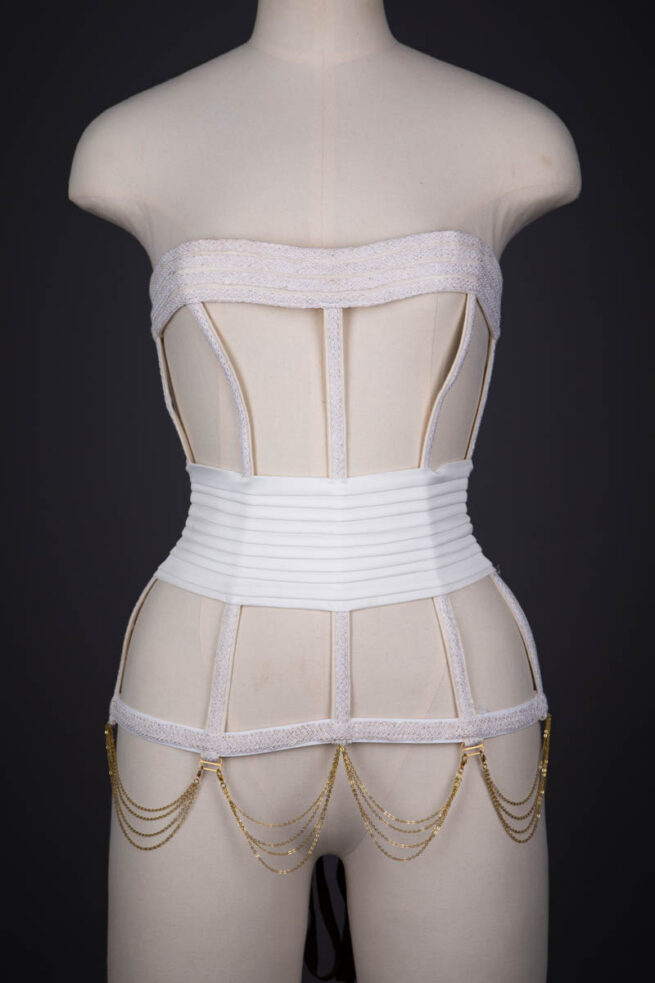 Grey Herringbone Coutil Corset With Ribbon Slot Lace Trim & Woven