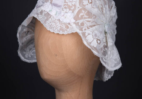 White Filet Style Lace & Lilac Silk Ribbon Boudoir Cap, c. 1920s. The Underpinnings Museum. Photography by Tigz Rice