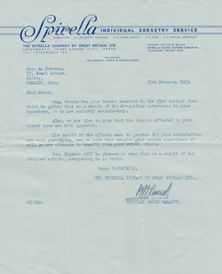Customer Service Letter By Spirella, 1955, Great Britain. The Underpinnings Museum