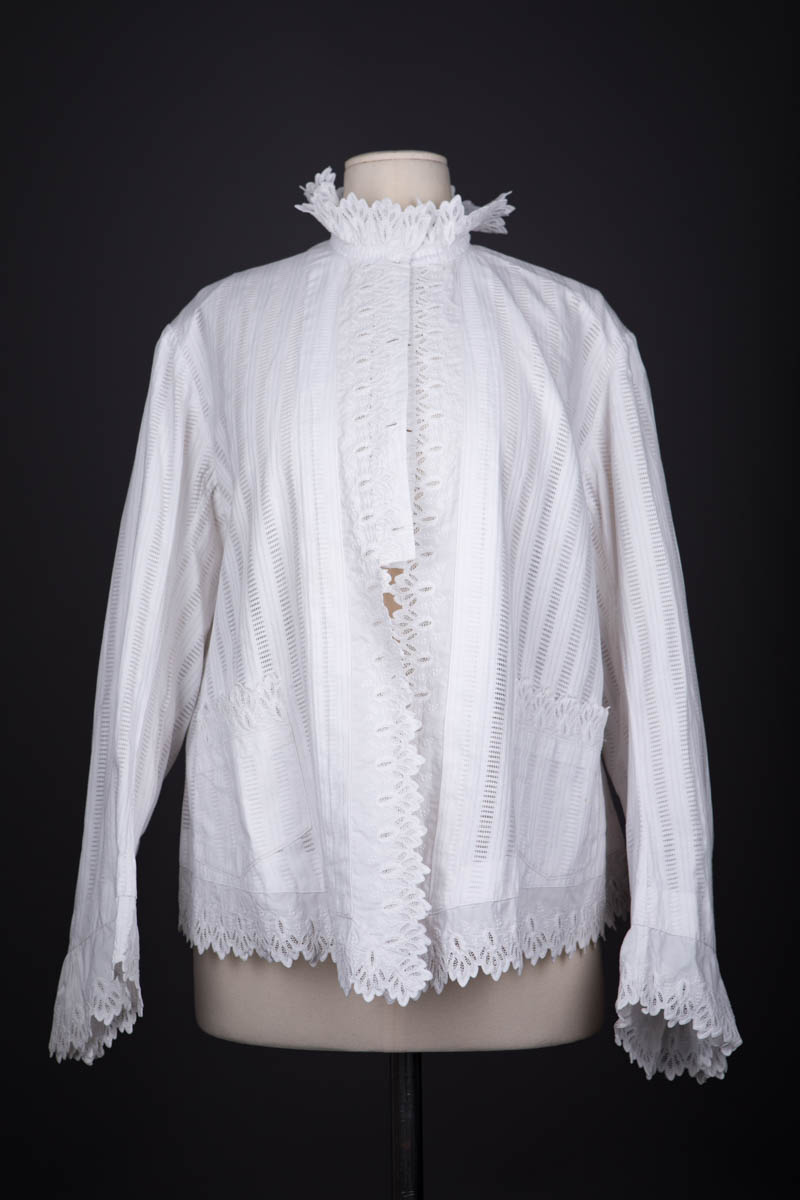 Cotton Dressing Jacket With Whitework Embroidered Trim, c. 1880s, France. The Underpinnings Museum. Photography by Tigz Rice.