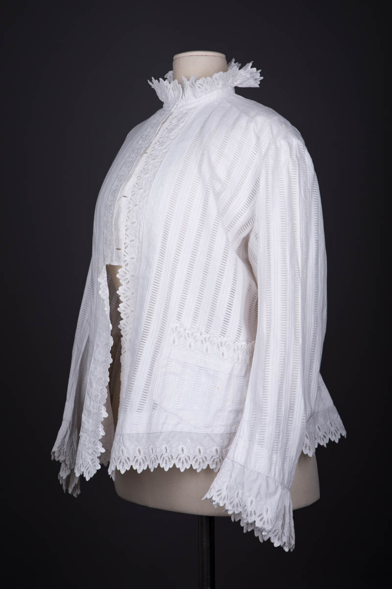 Cotton Dressing Jacket With Whitework Embroidered Trim, c. 1880s, France. The Underpinnings Museum. Photography by Tigz Rice.