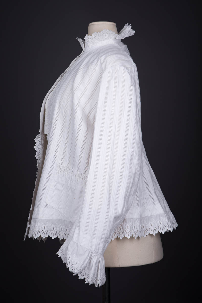 Cotton Dressing Jacket With Whitework Embroidered Trim, c. 1880s, France. The Underpinnings Museum. Photography by Tigz Rice.