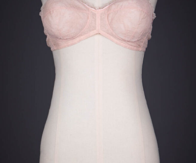 Pale Pink Nylon & Lace Bra With Ribbon Slot Trim By Jacques Fath, c. 1950s, France. The Underpinnings Museum. Photography by Tigz Rice.