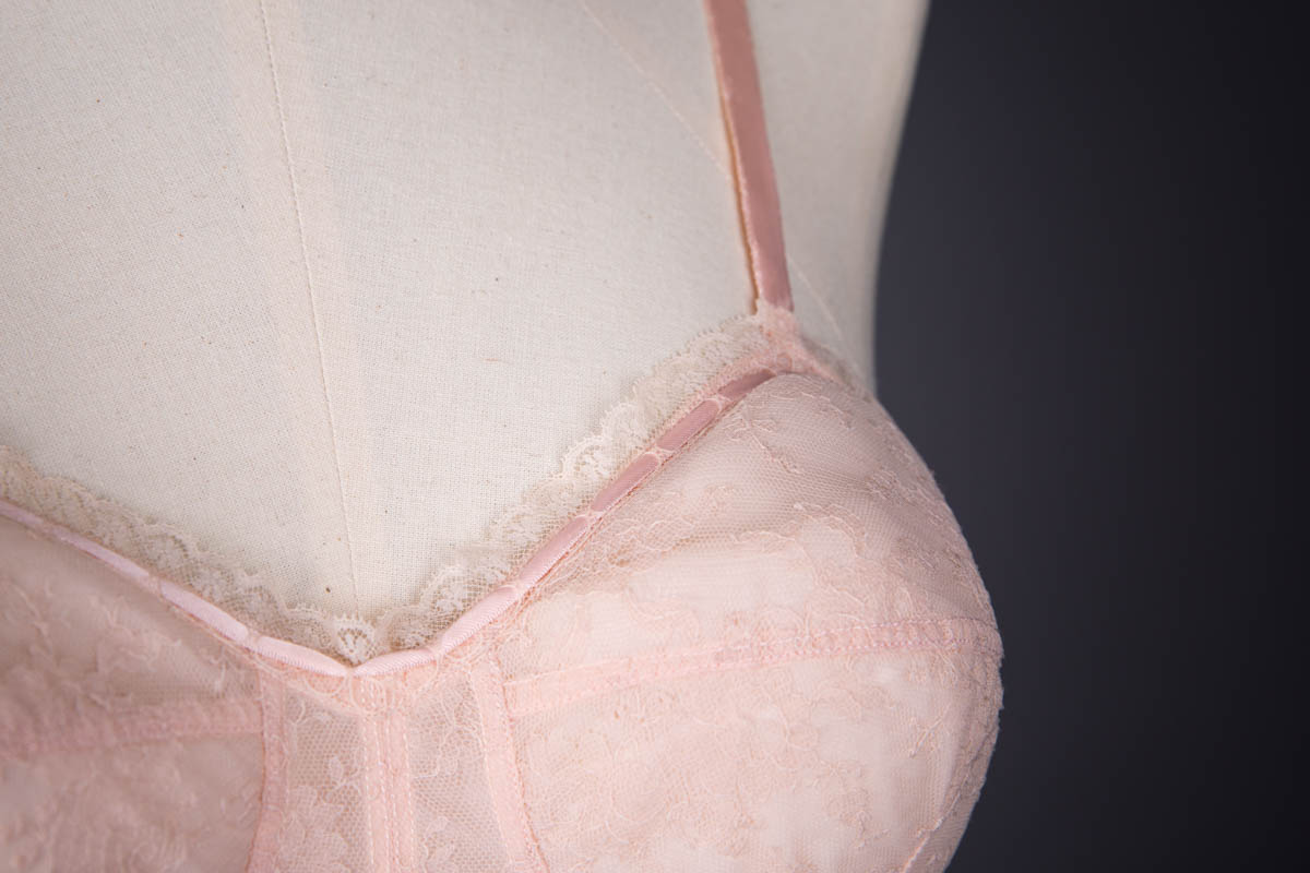 Pale Pink Nylon & Lace Bra With Ribbon Slot Trim By Jacques Fath, c. 1950s, France. The Underpinnings Museum. Photography by Tigz Rice.