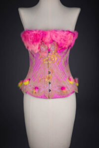 'Rosy Maple Moth' Silk Corset With Rabbit Fur & Lace Appliqué By Sparklewren, 2020, UK. The Underpinnings Museum. Photography by Tigz Rice.