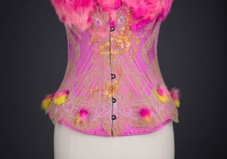 'Rosy Maple Moth' Silk Corset With Rabbit Fur & Lace Appliqué By Sparklewren, 2020, UK. The Underpinnings Museum. Photography by Tigz Rice.