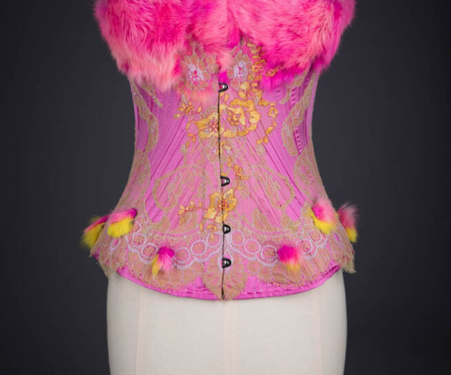'Rosy Maple Moth' Silk Corset With Rabbit Fur & Lace Appliqué By Sparklewren, 2020, UK. The Underpinnings Museum. Photography by Tigz Rice.