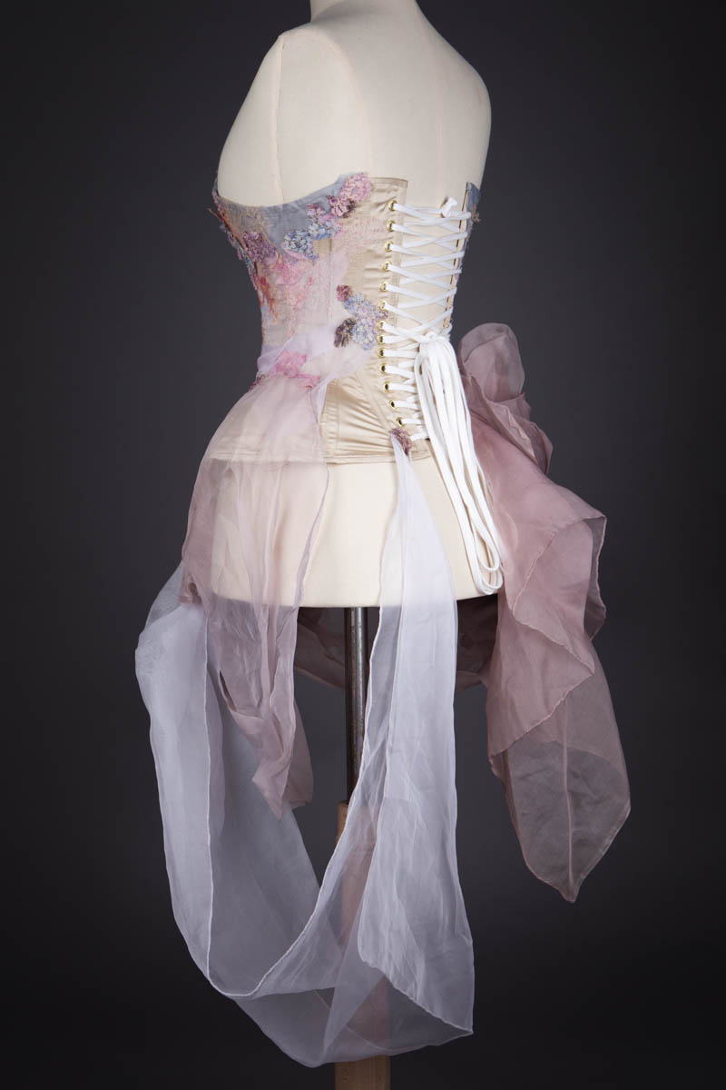 'Dawn' Corset With Draped Silk & Painted Lace Appliqué By Sparklewren, 2020, UK. The Underpinnings Museum. Photography by Tigz Rice