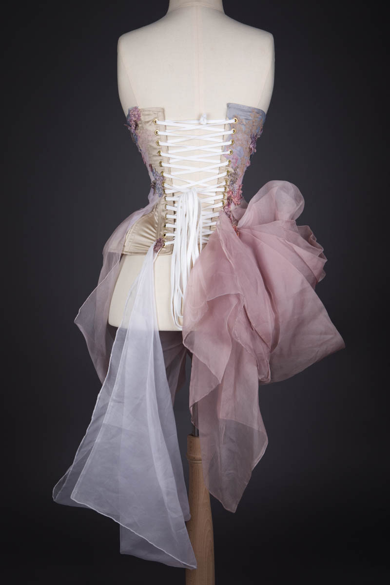 'Dawn' Corset With Draped Silk & Painted Lace Appliqué By Sparklewren, 2020, UK. The Underpinnings Museum. Photography by Tigz Rice