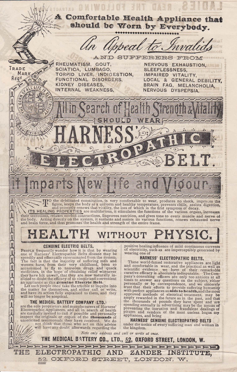 'Electric Corset' & 'Electropathic Belt' Promotional Materials By Harness, c. 1880s, Great Britian. The Underpinnings Museum