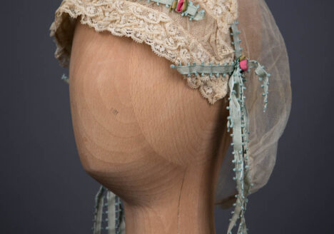Cotton Tulle Boudoir Cap With Machine Lace & Picot Edge Ribbon Trims, c. 1920s. The Underpinnings Museum. Photography by Tigz Rice