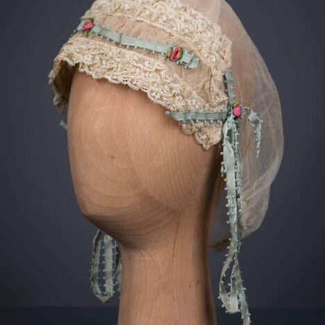 Cotton Tulle Boudoir Cap With Machine Lace & Picot Edge Ribbon Trims, c. 1920s. The Underpinnings Museum. Photography by Tigz Rice