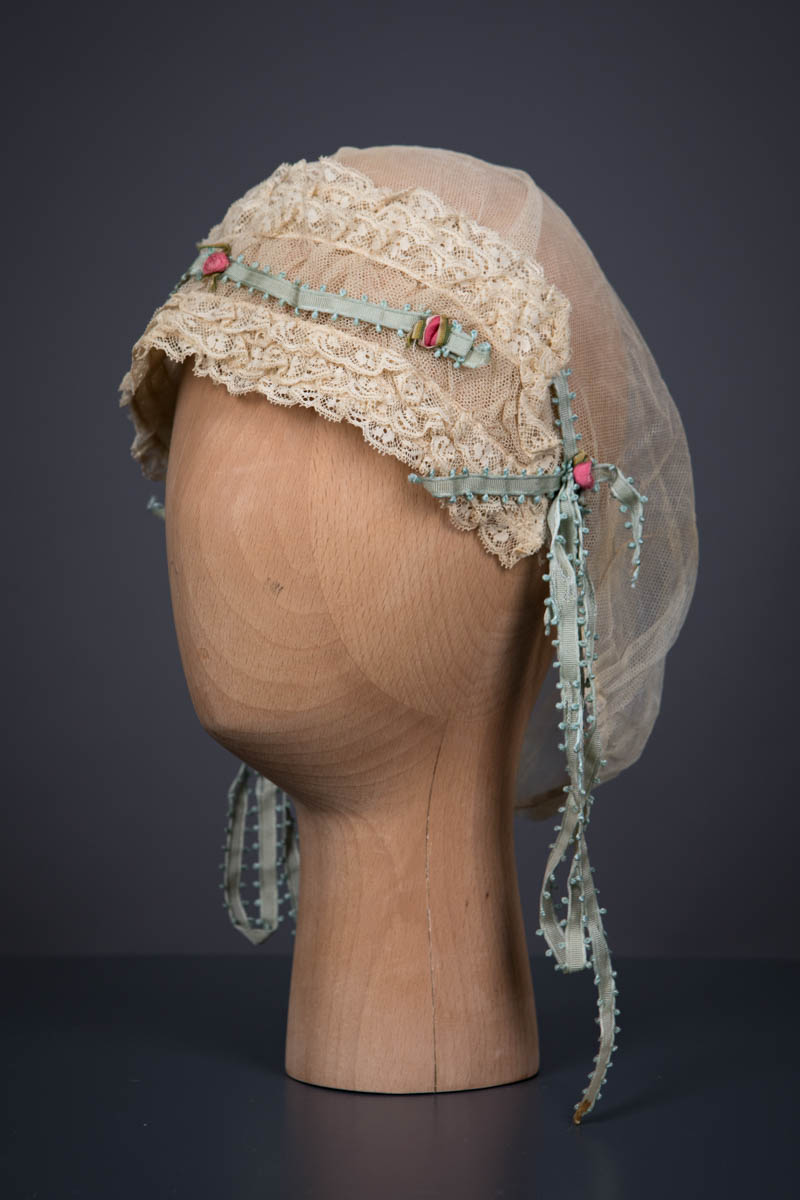 Cotton Tulle Boudoir Cap With Machine Lace & Picot Edge Ribbon Trims, c. 1920s. The Underpinnings Museum. Photography by Tigz Rice